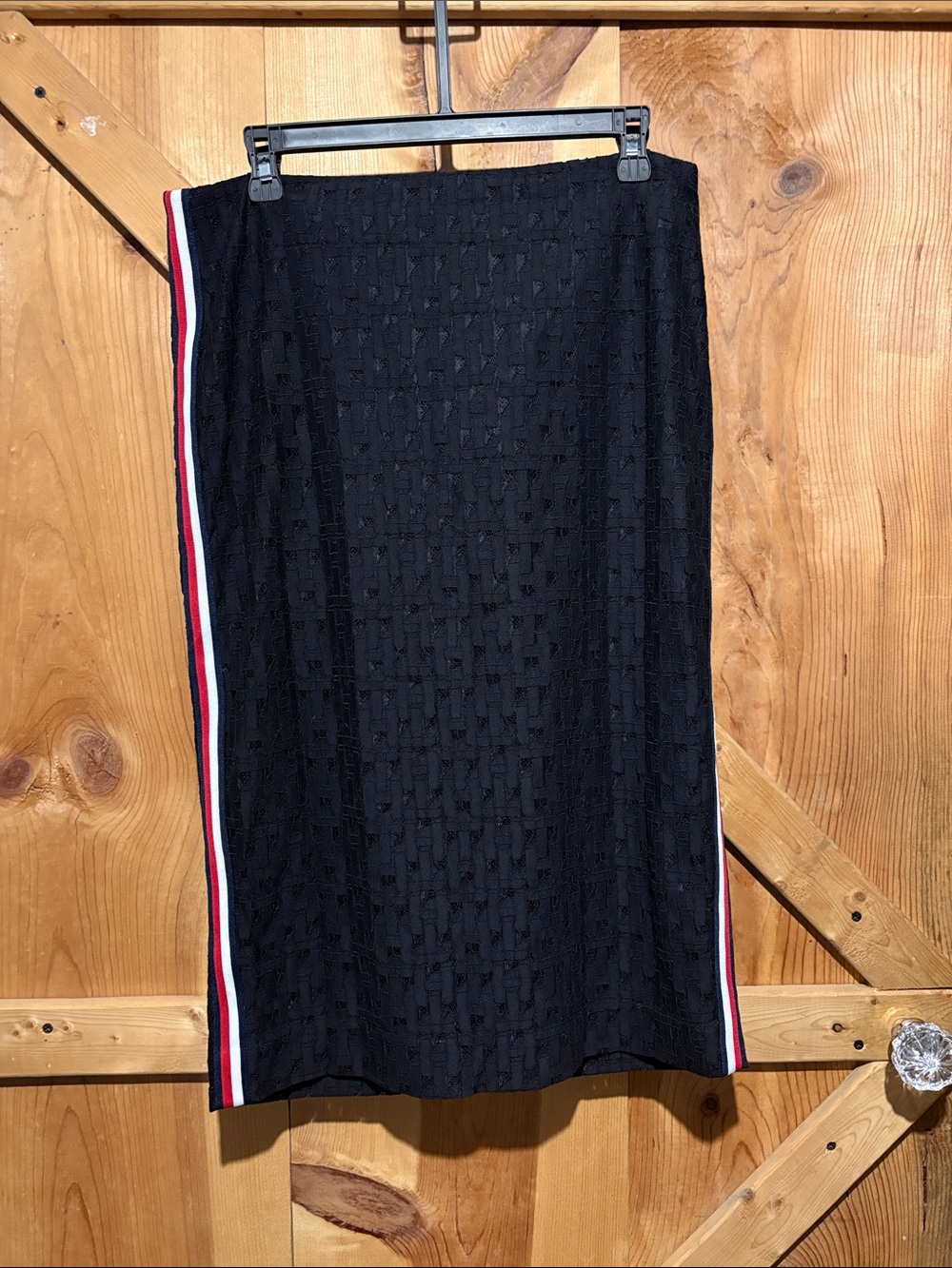 Tommy Hilfiger Black Knit Pencil Skirt with Red & White Side Stripes